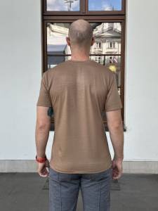 Beżowy t-shirt merino, widok z tyłu, dopasowany męski fason
