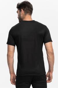 Czarny t-shirt merino, widok z tyłu, dopasowany męski fason