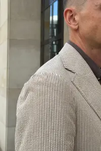 Garnitur Seersucker beżowy w prążek bawełniany - Zack Roman