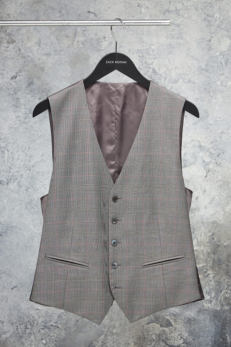Grey Prince of Wales check waistcoat, brown check, wool